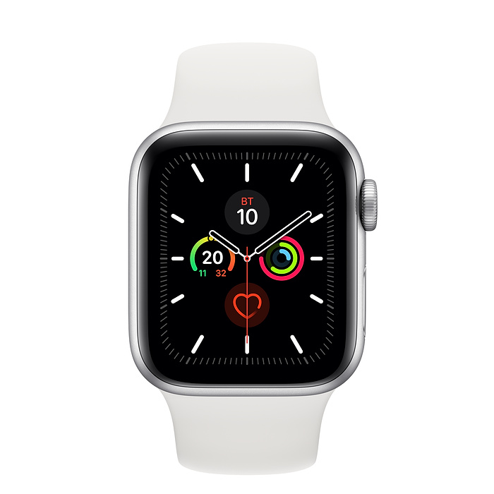 Часы Apple Watch Series 5 40 мм, корпус из алюминия серебристого цвета, спортивный ремешок белого цвета