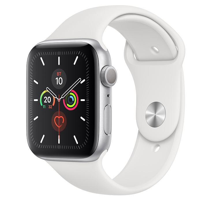 Часы Apple Watch Series 5 44 мм, корпус из алюминия серебристого цвета, спортивный ремешок белого цвета