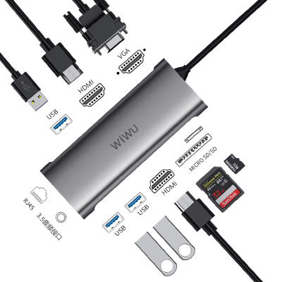 Хаб Wiwu Alpha A11312H 11in1 (USBx3+HDMIx2+LAN+VGA+microSD/SD+3,5mm)