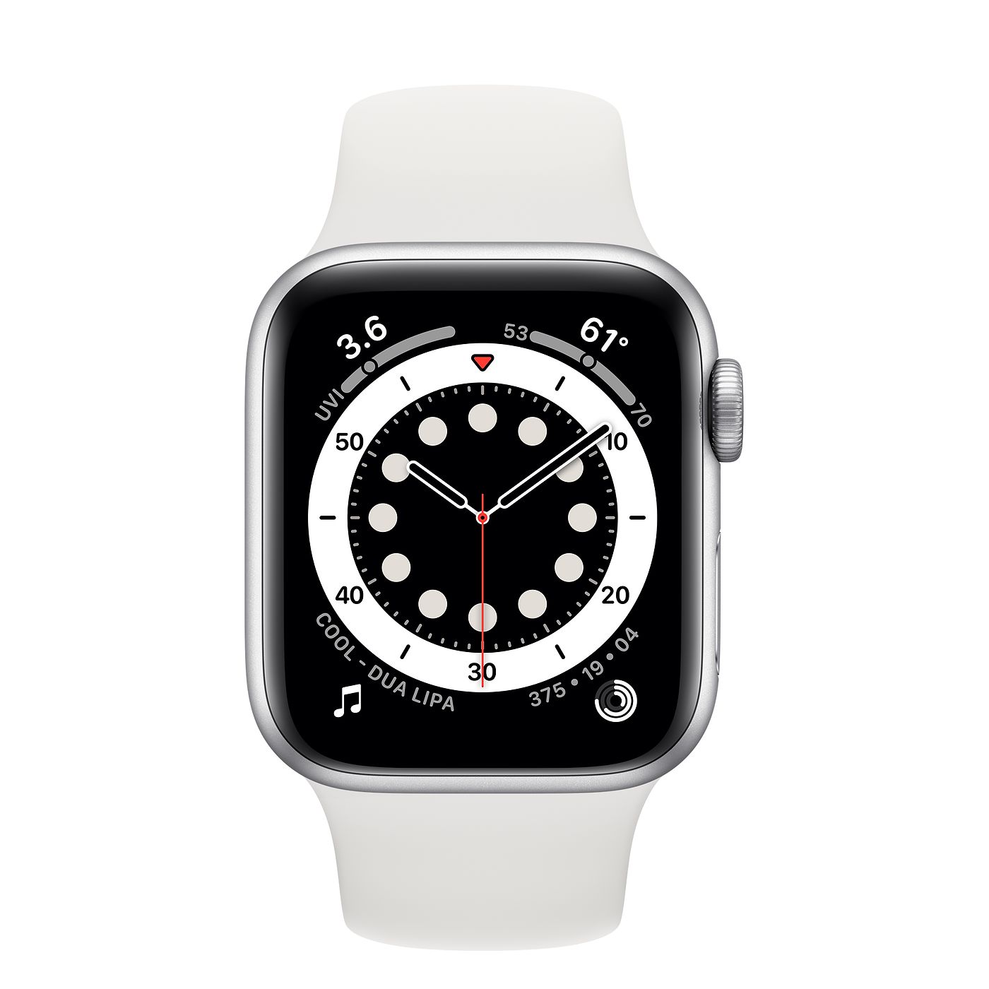 Часы Apple Watch Series 6 44 мм, корпус из алюминия серебристого цвета, спортивный ремешок белого цвета