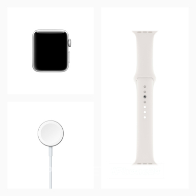 Apple Watch Series 3 38мм, корпус из алюминия серебристого цвета, спортивный ремешок белого цвета