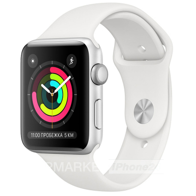 Apple Watch Series 3 38мм, корпус из алюминия серебристого цвета, спортивный ремешок белого цвета