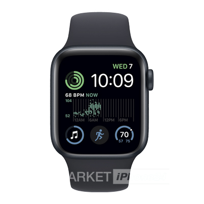 Часы Apple Watch SE 2022 GPS 44 мм, алюминий цвета «Тёмная ночь», спортивный ремешок M/L цвета «Тёмная ночь» (для других стран)