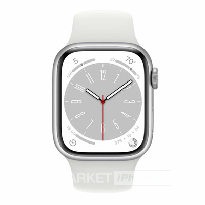 Часы Apple Watch Series 8 41 мм, корпус из алюминия серебристого цвета, спортивный ремешок S/M белого цвета (для других стран)