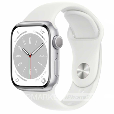 Часы Apple Watch Series 8 41 мм, корпус из алюминия серебристого цвета, спортивный ремешок M/L белого цвета (для других стран)