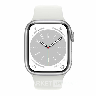 Часы Apple Watch Series 8 45 мм, корпус из алюминия серебристого цвета, спортивный ремешок белого цвета (для других стран)