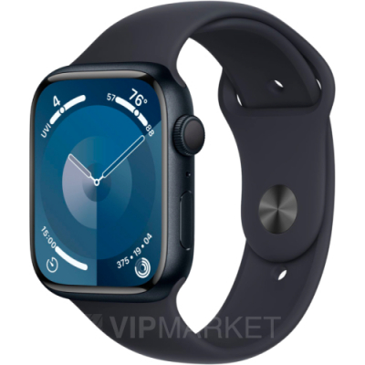 Часы Apple Watch Series 9 45 мм, корпус из алюминия цвета «Тёмная ночь», спортивный ремешок M/L «Тёмная ночь» (для других стран)