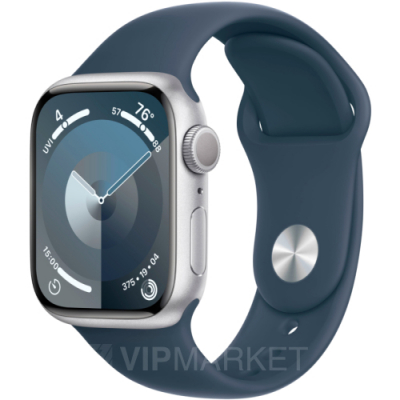 Часы Apple Watch Series 9 41 мм, корпус из алюминия серебристого цвета, спортивный ремешок S/M цвета «Грозовой Синий» (для других стран)