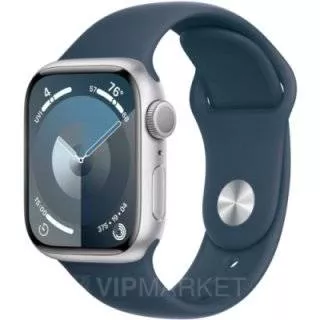 Часы Apple Watch Series 9 41 мм, корпус из алюминия серебристого цвета, спортивный ремешок M/L цвета «Грозовой Синий» (для других стран)