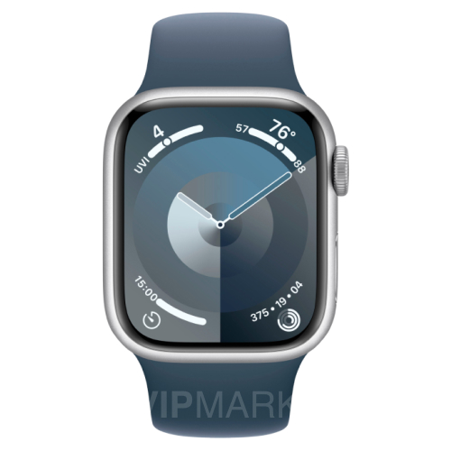 Часы Apple Watch Series 9 41 мм, корпус из алюминия серебристого цвета, спортивный ремешок M/L цвета «Грозовой Синий» (для других стран)