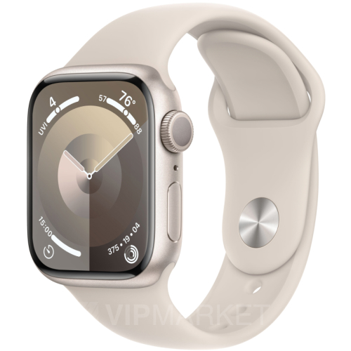 Часы Apple Watch Series 9 45 мм, корпус из алюминия цвета «Сияющая звезда», спортивный ремешок S/M цвета «Сияющая звезда» (для других стран)