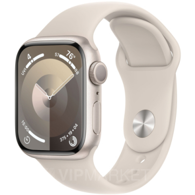 Часы Apple Watch Series 9 45 мм, корпус из алюминия цвета «Сияющая звезда», спортивный ремешок S/M цвета «Сияющая звезда» (для других стран)