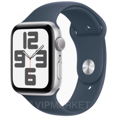 Часы Apple Watch SE 2023 44 мм, корпус из алюминия серебристого цвета, спортивный ремешок M/L цвета «Грозовой Синий» (для других стран)