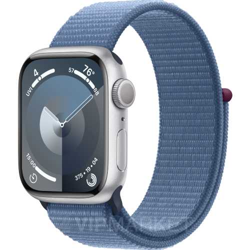Часы Apple Watch Series 9 41 мм, корпус из алюминия серебристого цвета, спортивный браслет цвета «Ледяной Синий» (для других стран)
