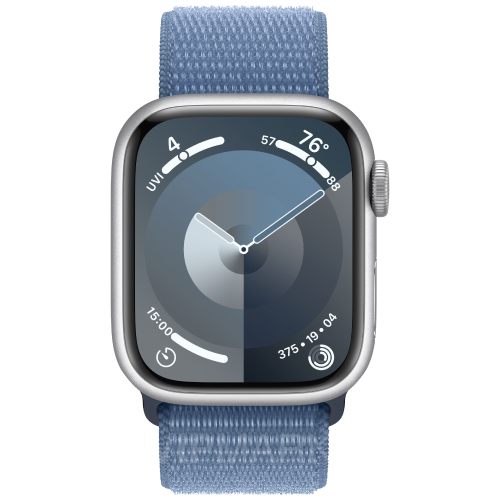 Часы Apple Watch Series 9 41 мм, корпус из алюминия серебристого цвета, спортивный браслет цвета «Ледяной Синий» (для других стран)