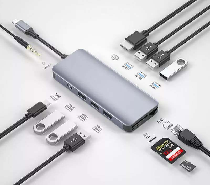 Хаб Wiwu Alpha Type-C 12in1 (USB3.0x3; USB2.0x3; Type-C; HDMI; SD; MicroSD; LAN; 3,5mm) (JMS005)