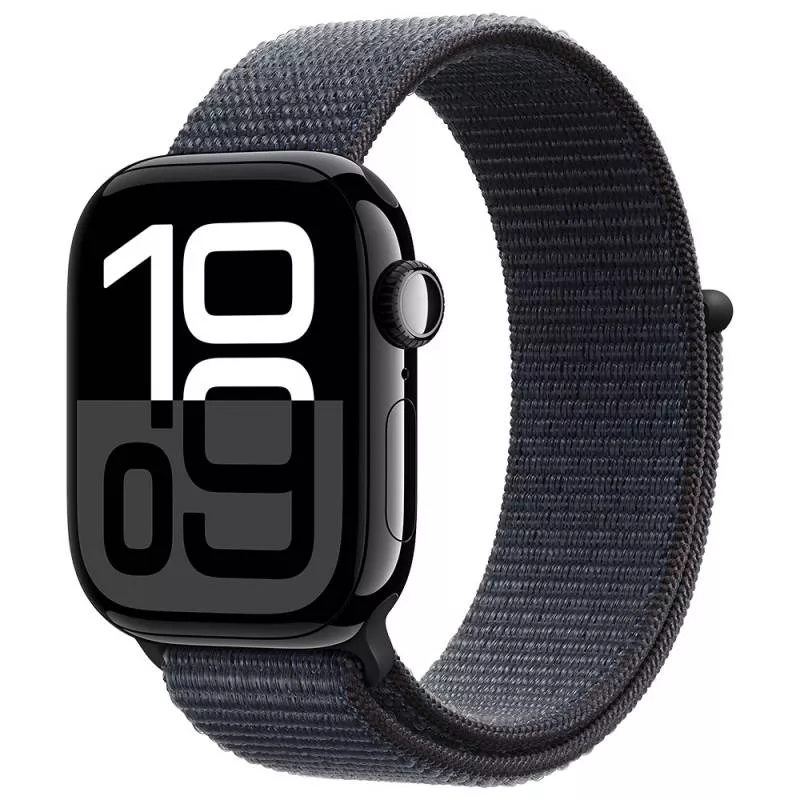 Часы Apple Watch Series 10 42 мм, корпус из алюминия цвета «Черный глянец», спортивный браслет темно-синего цвета (для других стран)