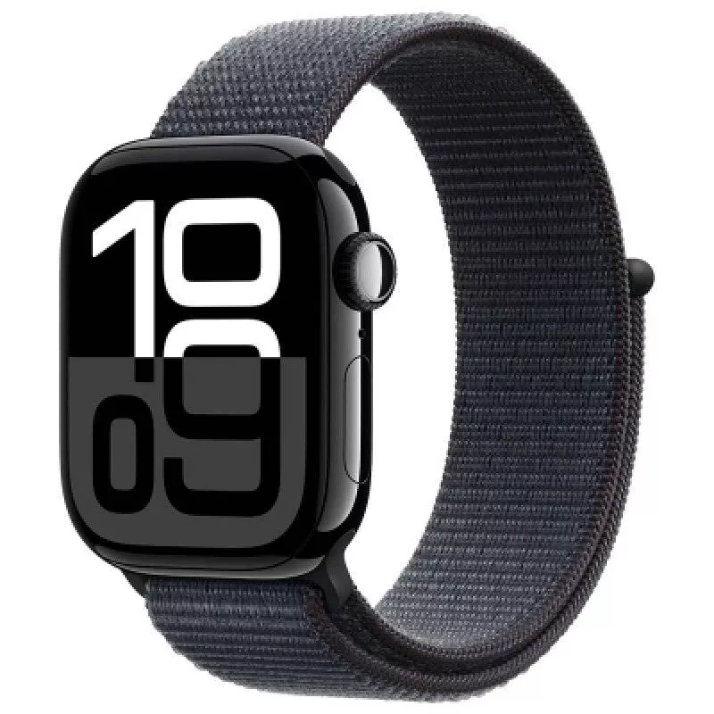 Часы Apple Watch Series 10 46 мм, корпус из алюминия цвета «Черный глянец», спортивный браслет темно-синего цвета (для других стран)