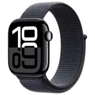 Часы Apple Watch Series 10 46 мм, корпус из алюминия цвета «Черный глянец», спортивный браслет темно-синего цвета (для других стран)