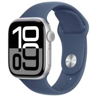 Часы Apple Watch Series 10 42 мм, корпус из алюминия серебристого цвета, спортивный ремешок S/M цвета «Синий деним» (для других стран)