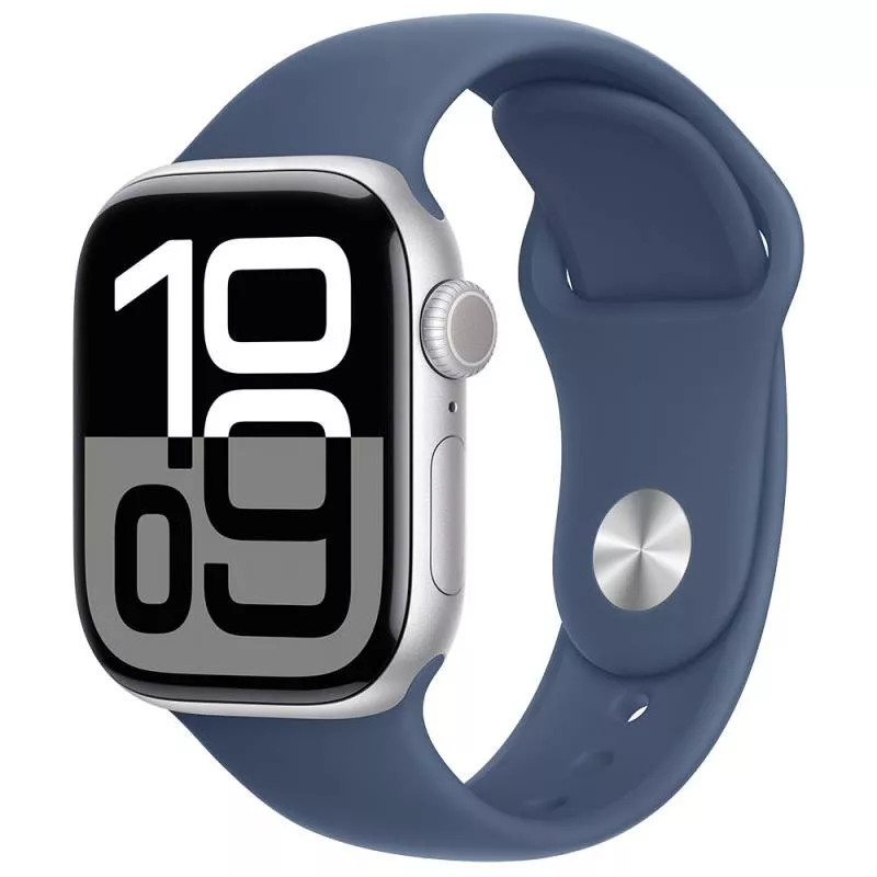 Часы Apple Watch Series 10 42 мм, корпус из алюминия серебристого цвета, спортивный ремешок S/M цвета «Синий деним» (для других стран)