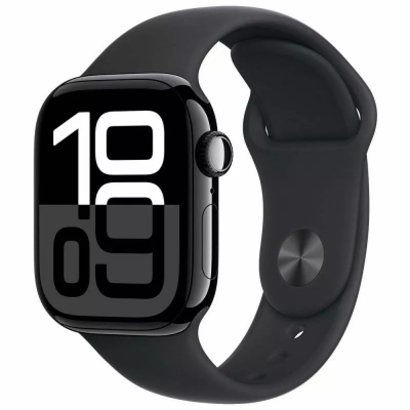 Часы Apple Watch Series 10 46 мм, корпус из алюминия цвета «Черный глянец», спортивный ремешок S/M черного цвета (для других стран)