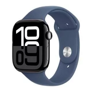 Часы Apple Watch Series 10 46 мм, корпус из алюминия цвета «Черный глянец», спортивный ремешок M/L цвета «Синий деним» (для других стран)