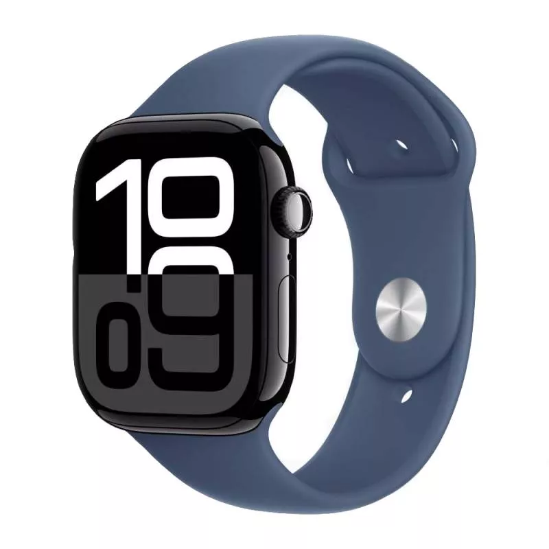 Часы Apple Watch Series 10 46 мм, корпус из алюминия цвета «Черный глянец», спортивный ремешок M/L цвета «Синий деним» (для других стран)