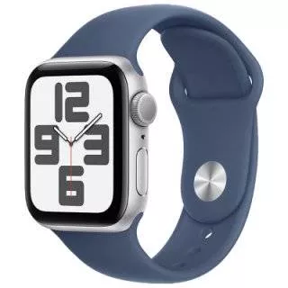 Часы Apple Watch SE 2024 44 мм, корпус из алюминия серебристого цвета, спортивный ремешок M/L цвета «Синий деним» (для других стран)