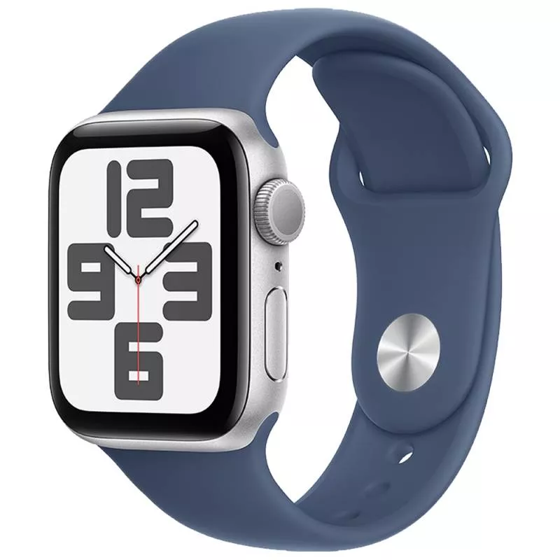 Часы Apple Watch SE 2024 44 мм, корпус из алюминия серебристого цвета, спортивный ремешок M/L цвета «Синий деним» (для других стран)