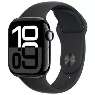 Часы Apple Watch Series 10 42 мм, корпус из алюминия цвета «Черный глянец», спортивный ремешок M/L черного цвета (для других стран)